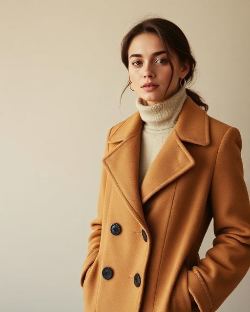 AI-rendered virtual try-on of a camel wool coat inside the DresserOS chat widget
