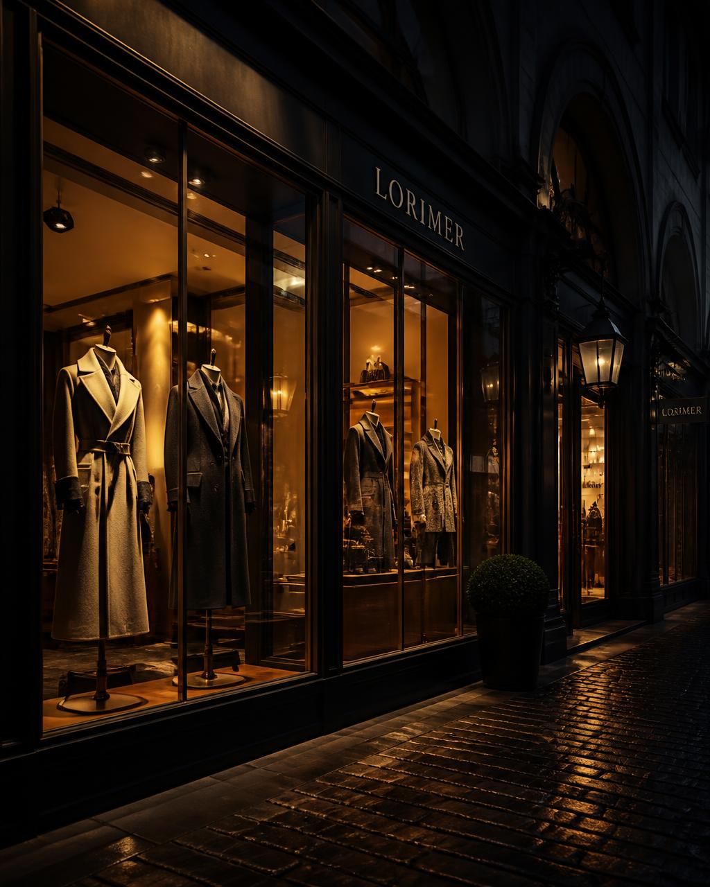 Luxury boutique storefront window lit at night with mannequins in designer coats