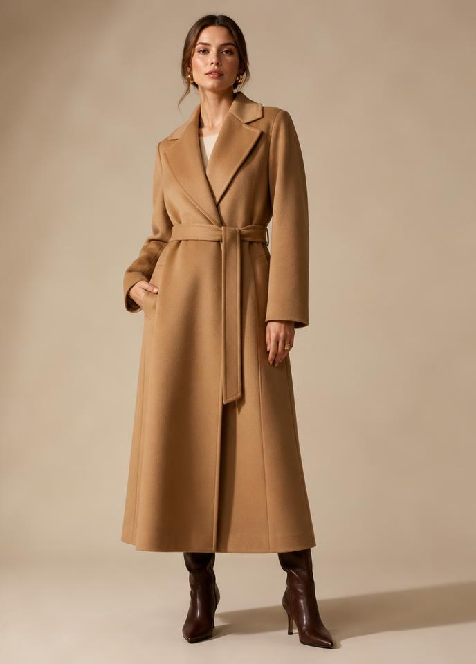 Photorealistic AI-rendered try-on of the customer wearing the camel wool coat